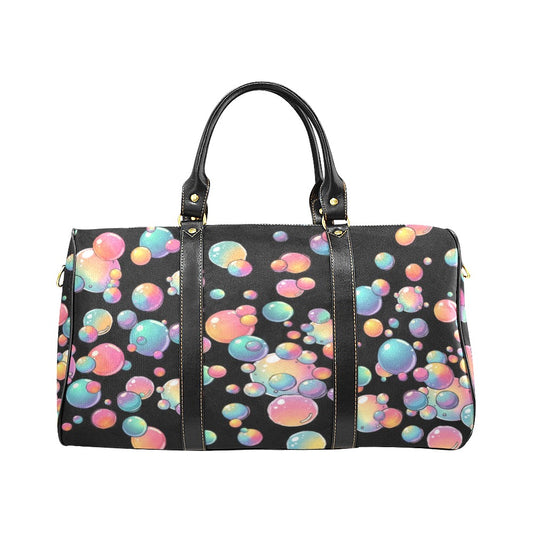 Black duffel bag with colorful bubble pattern on a white background