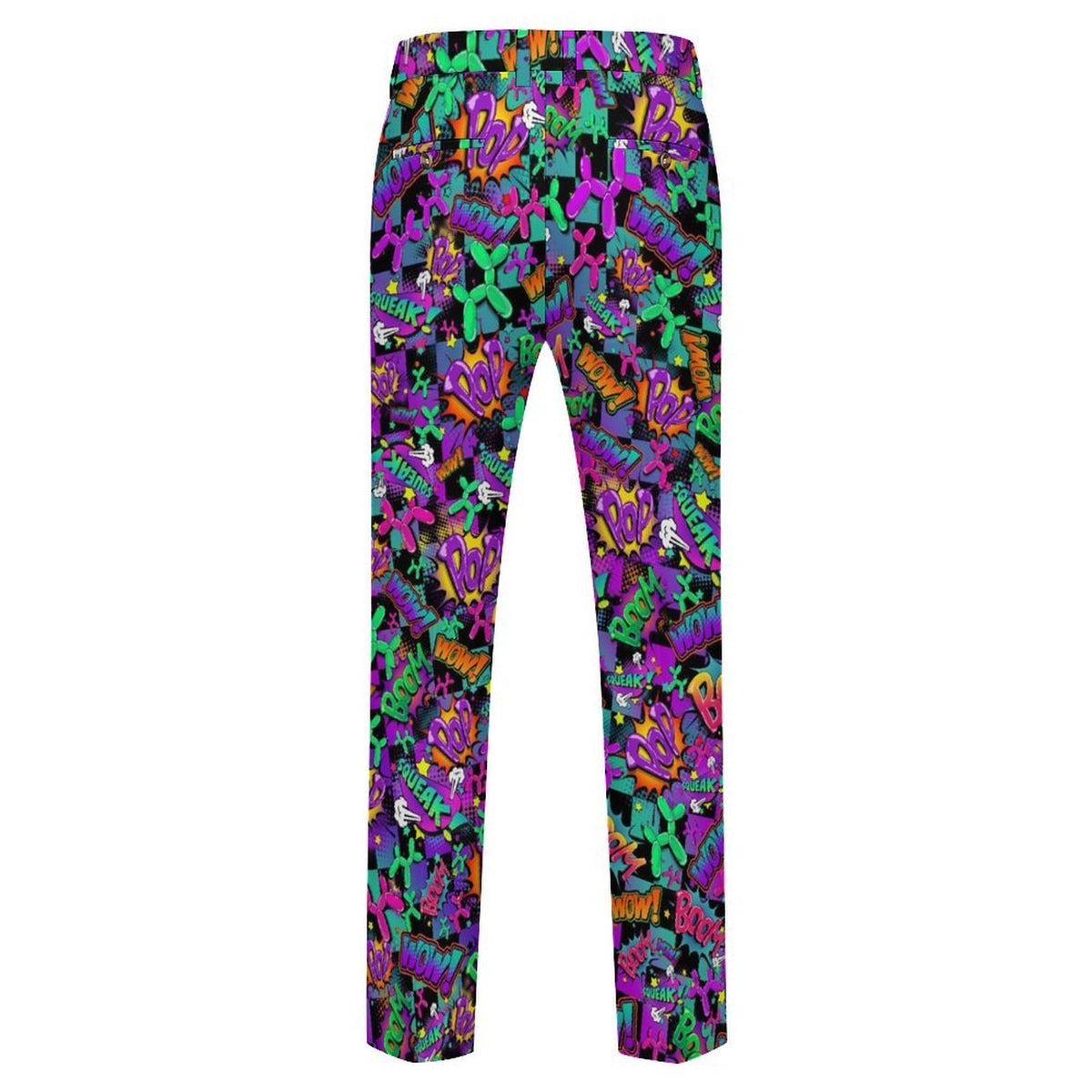 Balloon Twister pants with fun vibrant balloon dog design and checker pattern with pop art text.