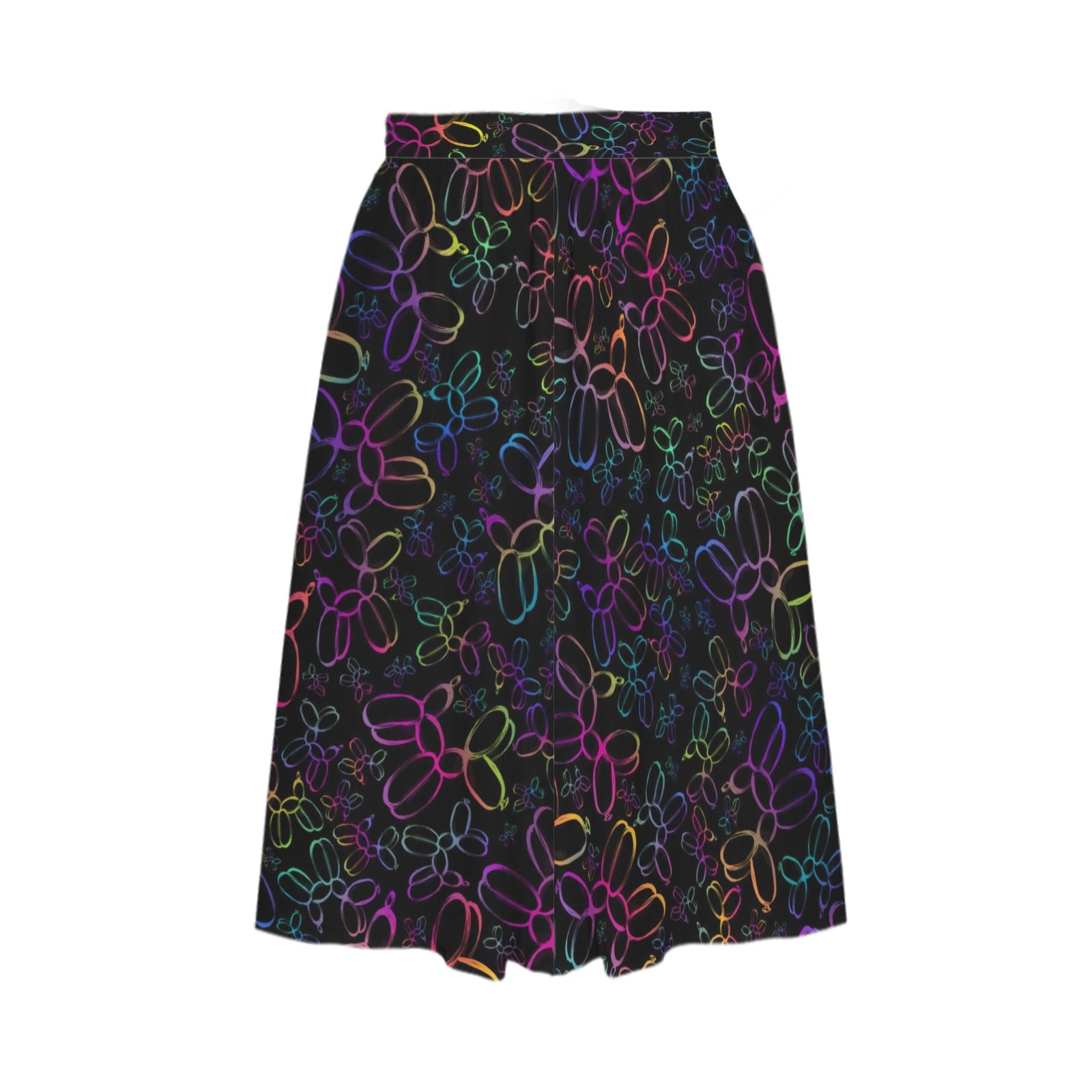 Skirt with colorful balloon dog pattern on a black background