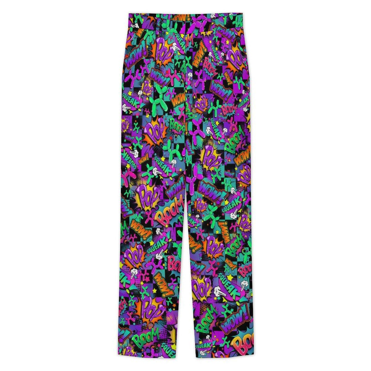 Balloon artist pants that are fun and colourful with pop art text and balloon dogs design