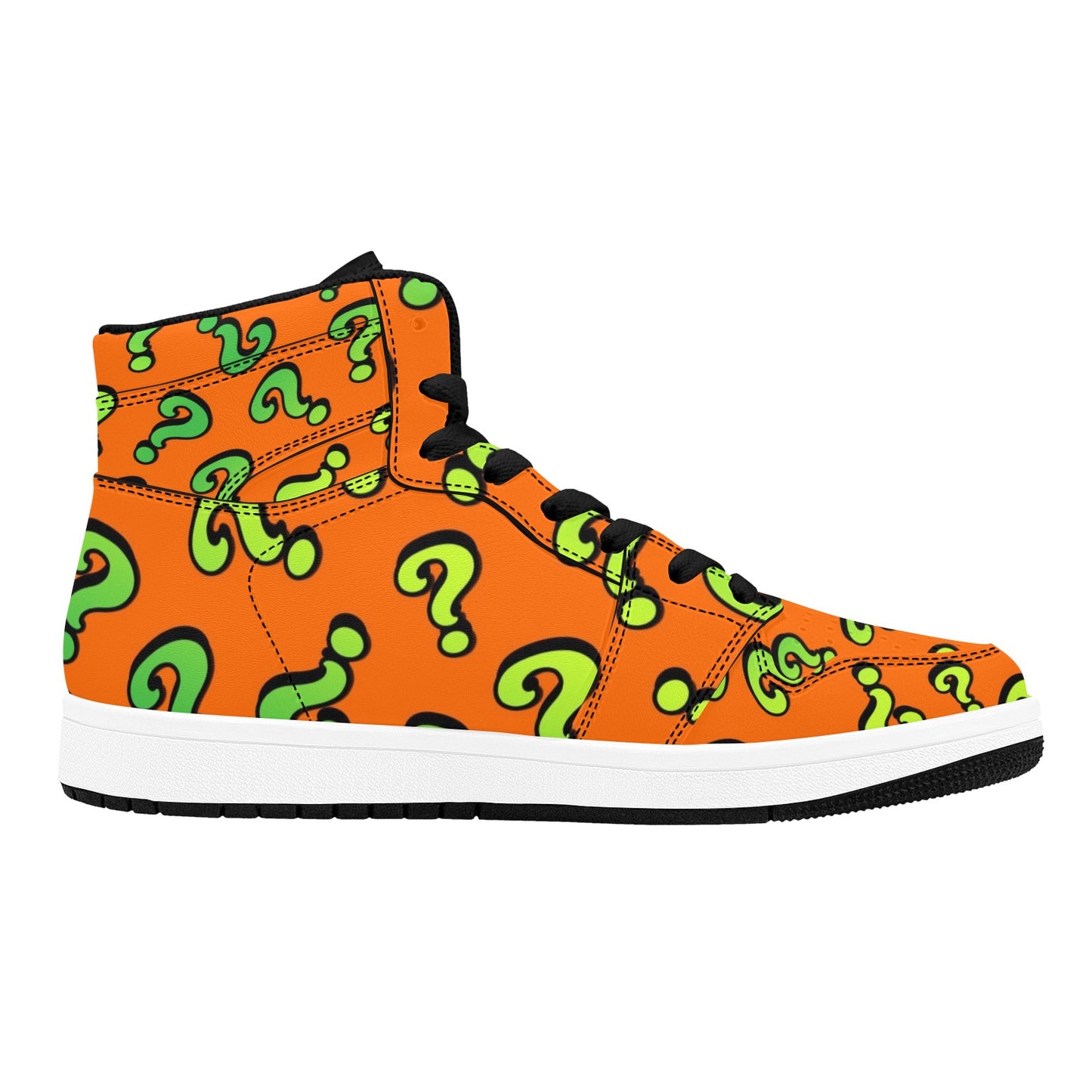 Orange high-top sneaker with green question mark pattern for magicians