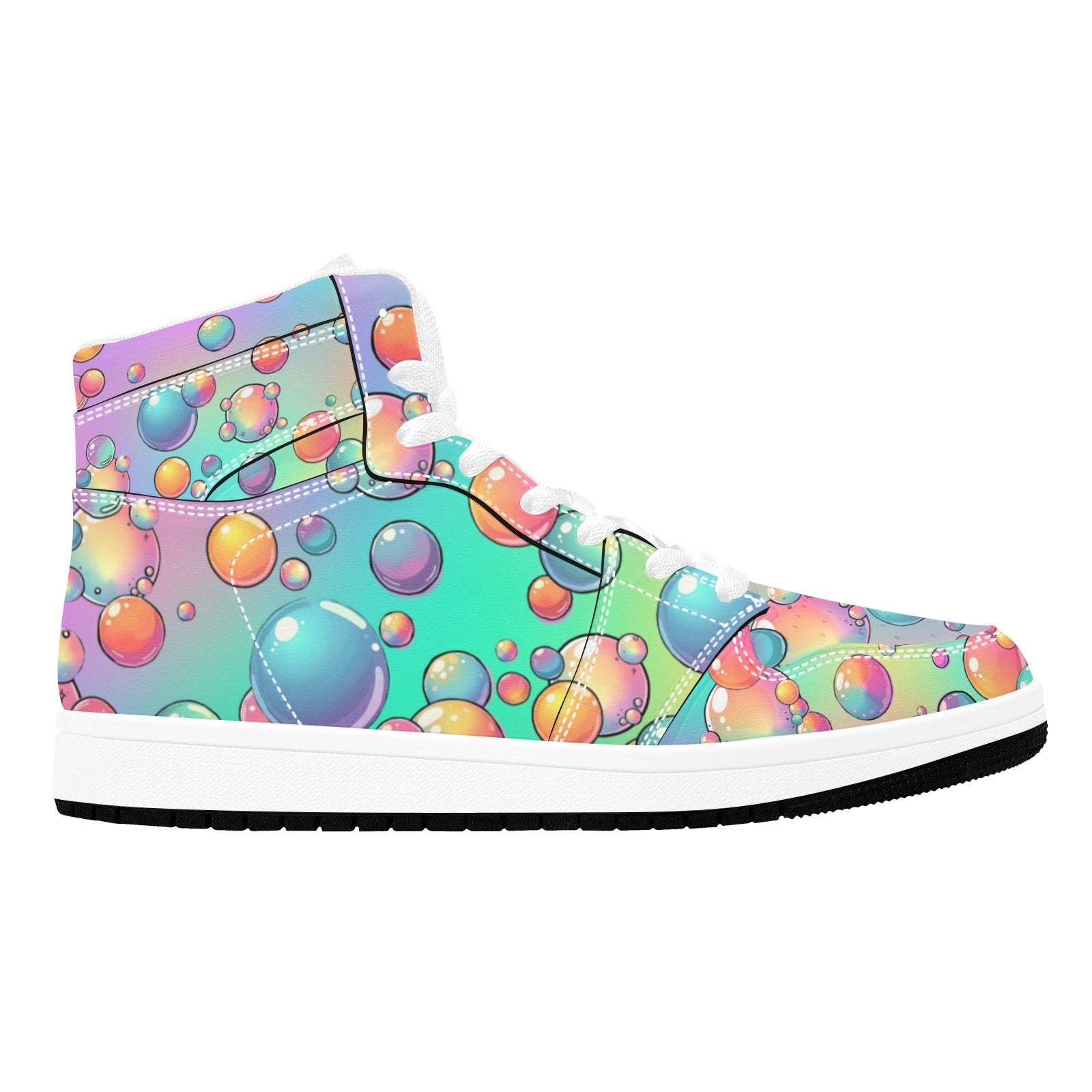 Colorful high-top sneaker with bubble pattern on a white background