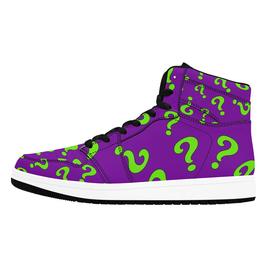 Purple high-top sneaker with green question marks for magicians and entertainers