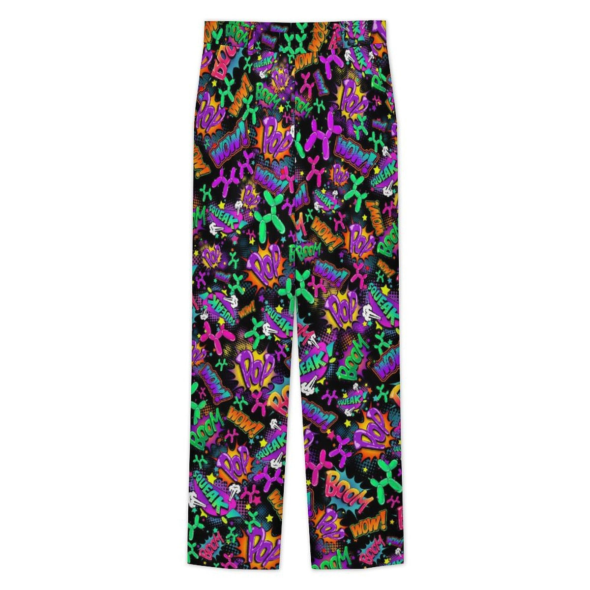 Black pants with a vibrant, multicolored graffiti-style abstract pattern featuring purple, green, orange, and pink shapes on a plain white background.