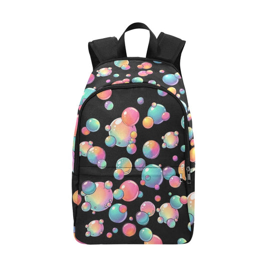 Black backpack with colorful bubble pattern on a white background
