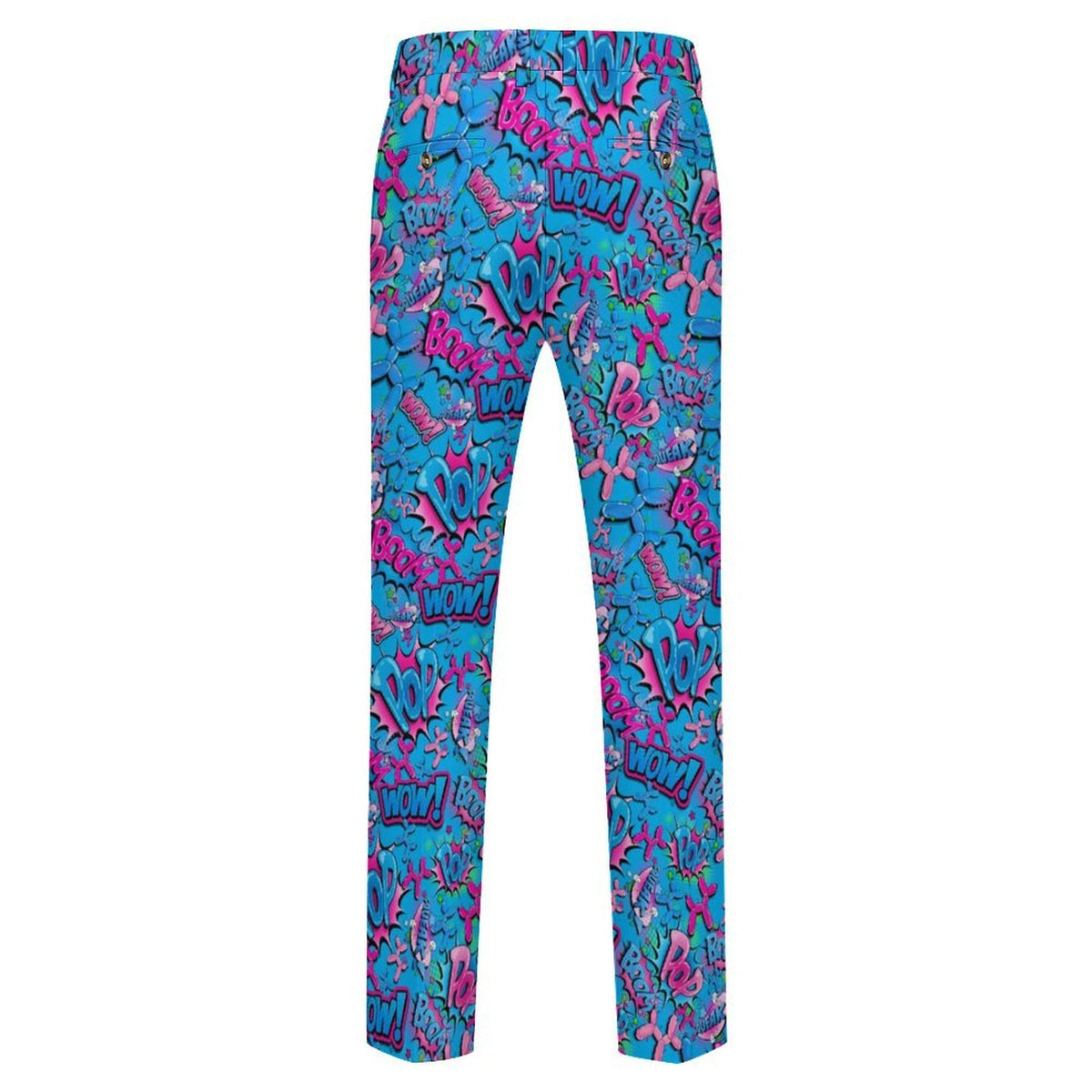 Balloon twisting pants in blue and pink with fun pop art balloon dog design