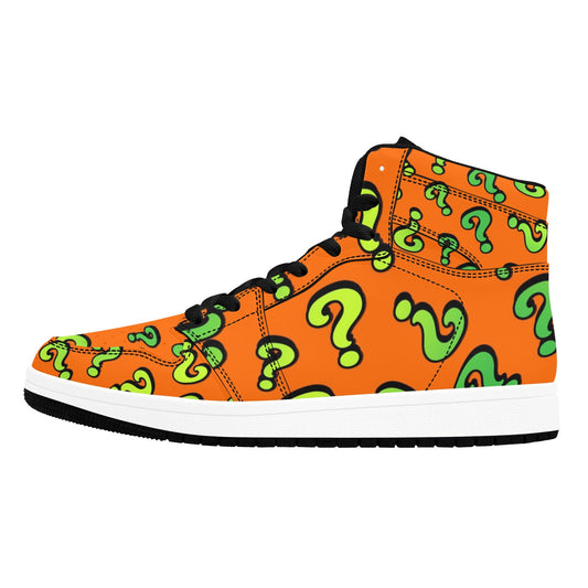 Orange high-top sneaker with green question mark pattern on a white background