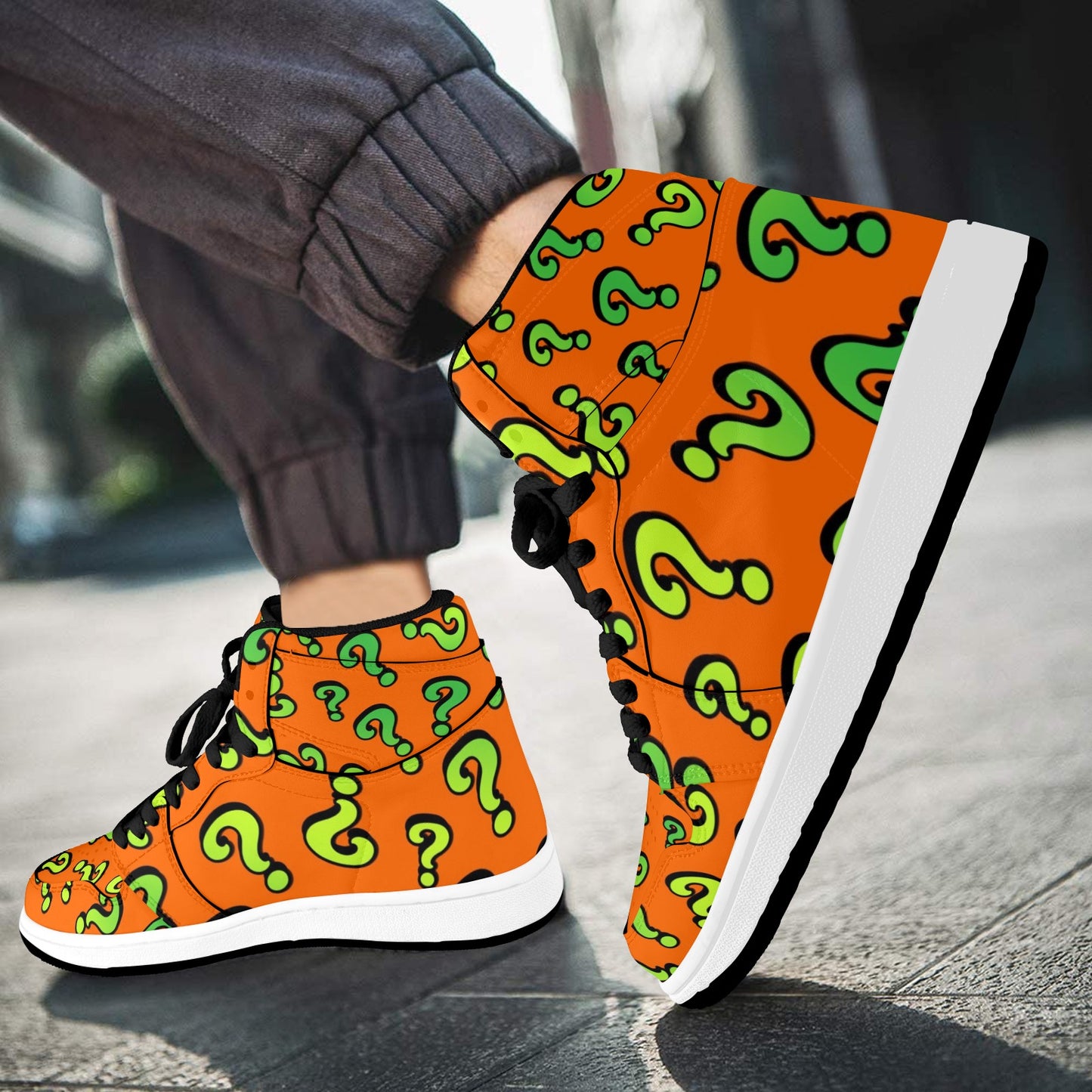 Orange High tops with green question marks for magicians and entertainers