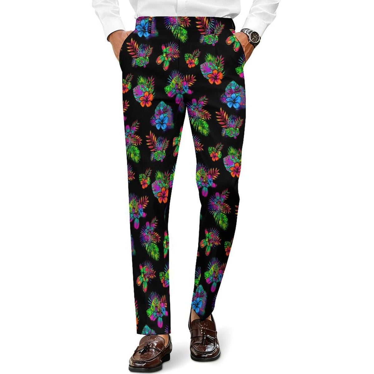 Men's slim-fit trousers with a vibrant multicolor tropical floral, leaf and Balloon Dog print on a black background, styled with a white shirt and brown loafers. Perfect for Balloon Twisters and Kids Entertainers