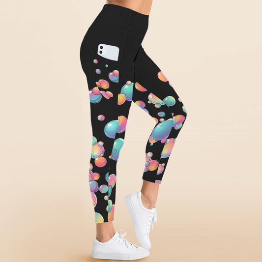 Black leggings with colourful bubble pattern and pockets for bubble artists and face painters