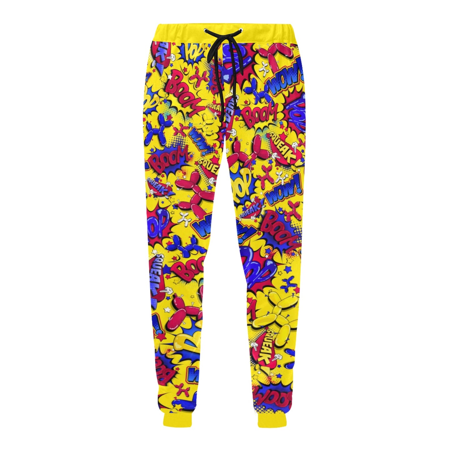 Yellow red and blue pop art superhero pants for balloon artists and entertainers