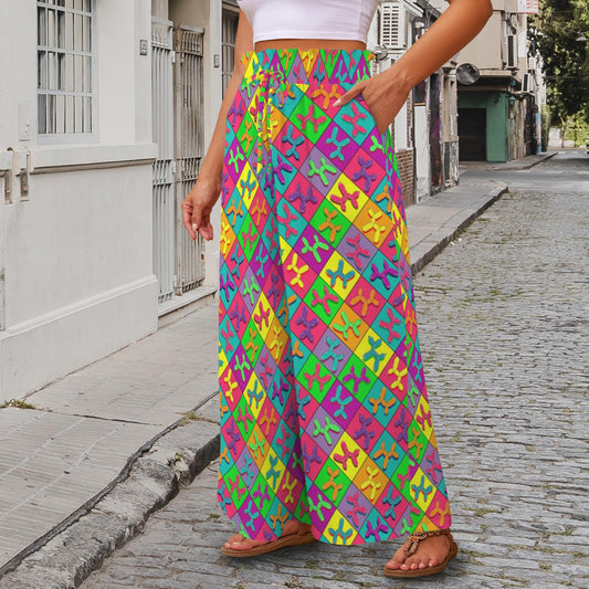Person wearing colourful balloon dog patterned pants walking on a street.