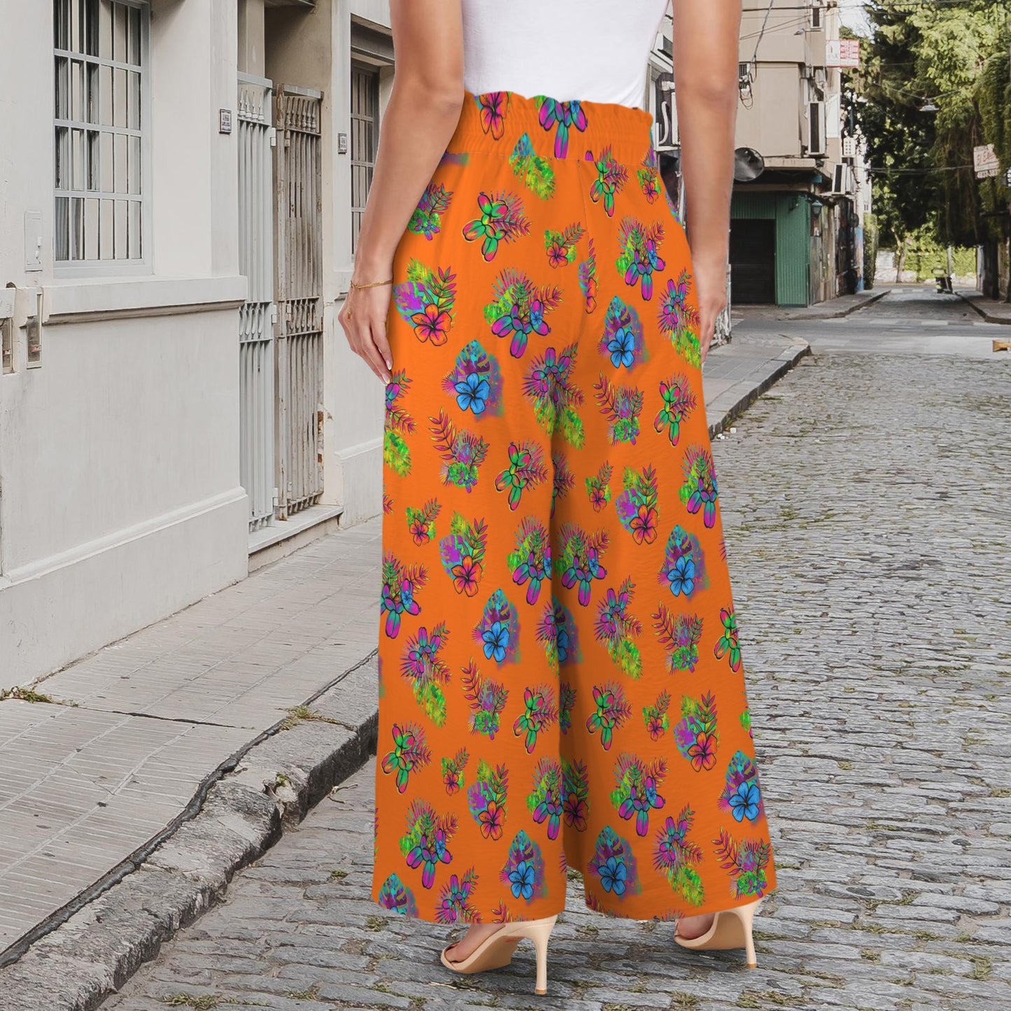 Amazing pants for balloon artists and entertainers orange with tropical floral design
