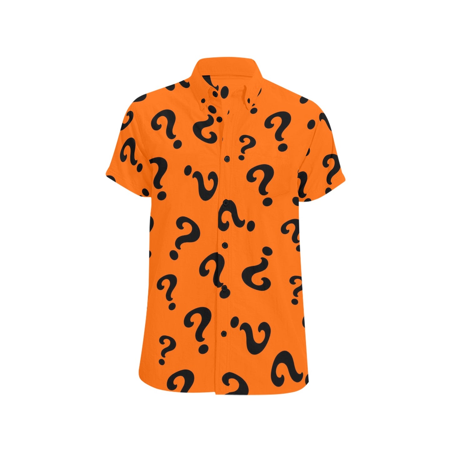 Orange shirt with black question mark pattern on a white background