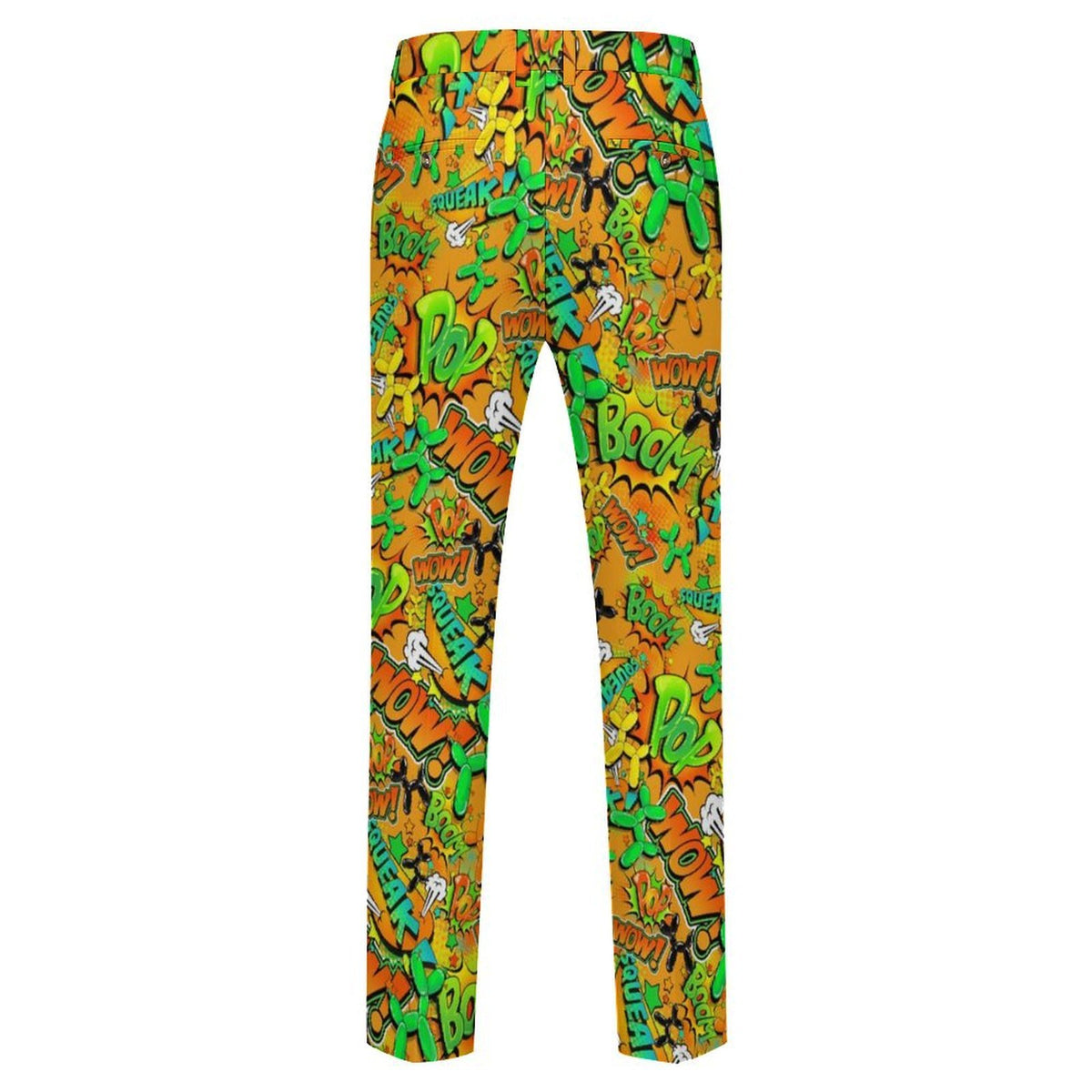 Pop art dress pants for professional party entertainers. Orange and green design