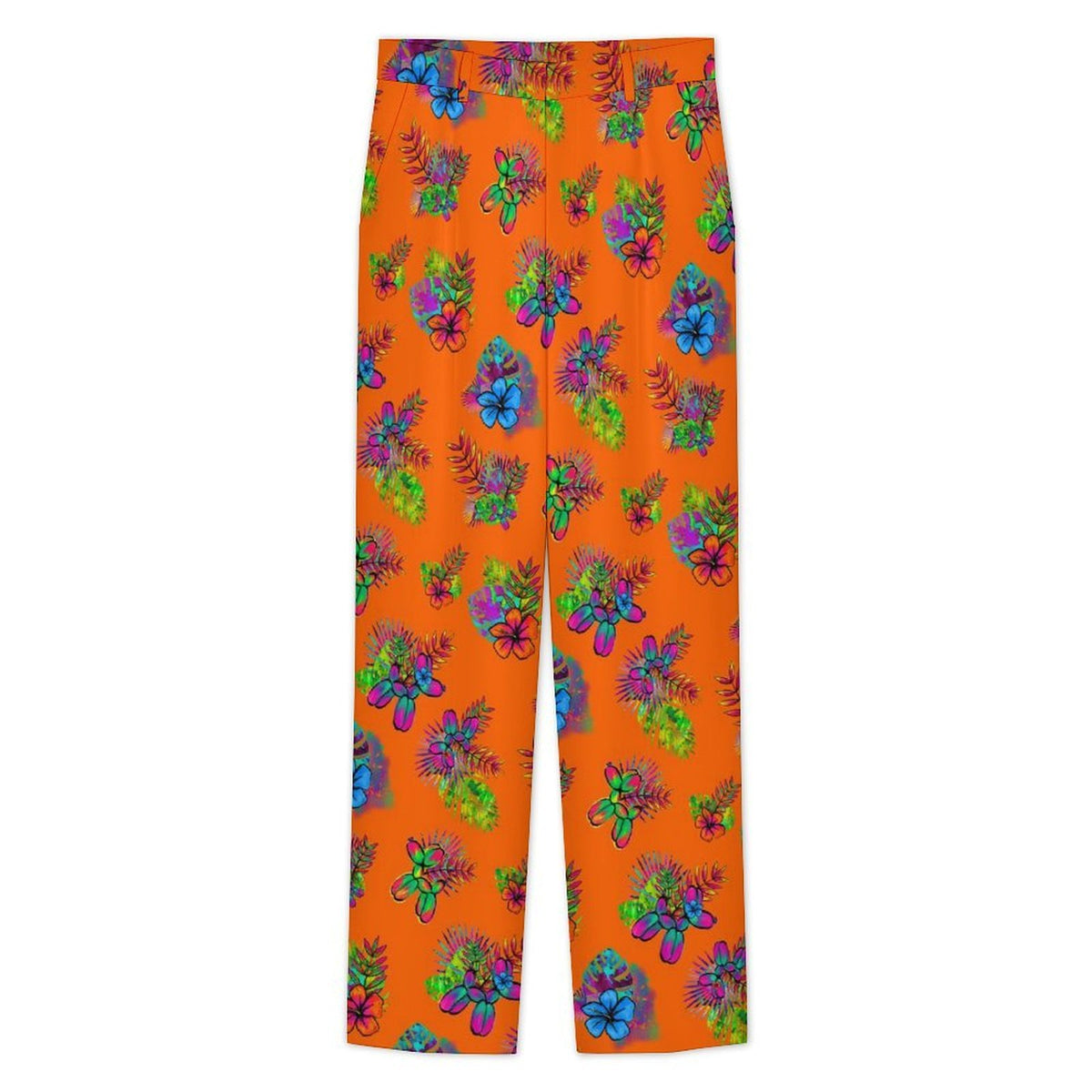 Orange pants for balloon artists with tropical flowers and cute balloon dog  