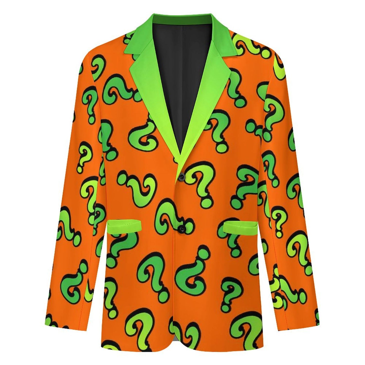 Orange blazer with green question mark pattern for magicians and entertainers