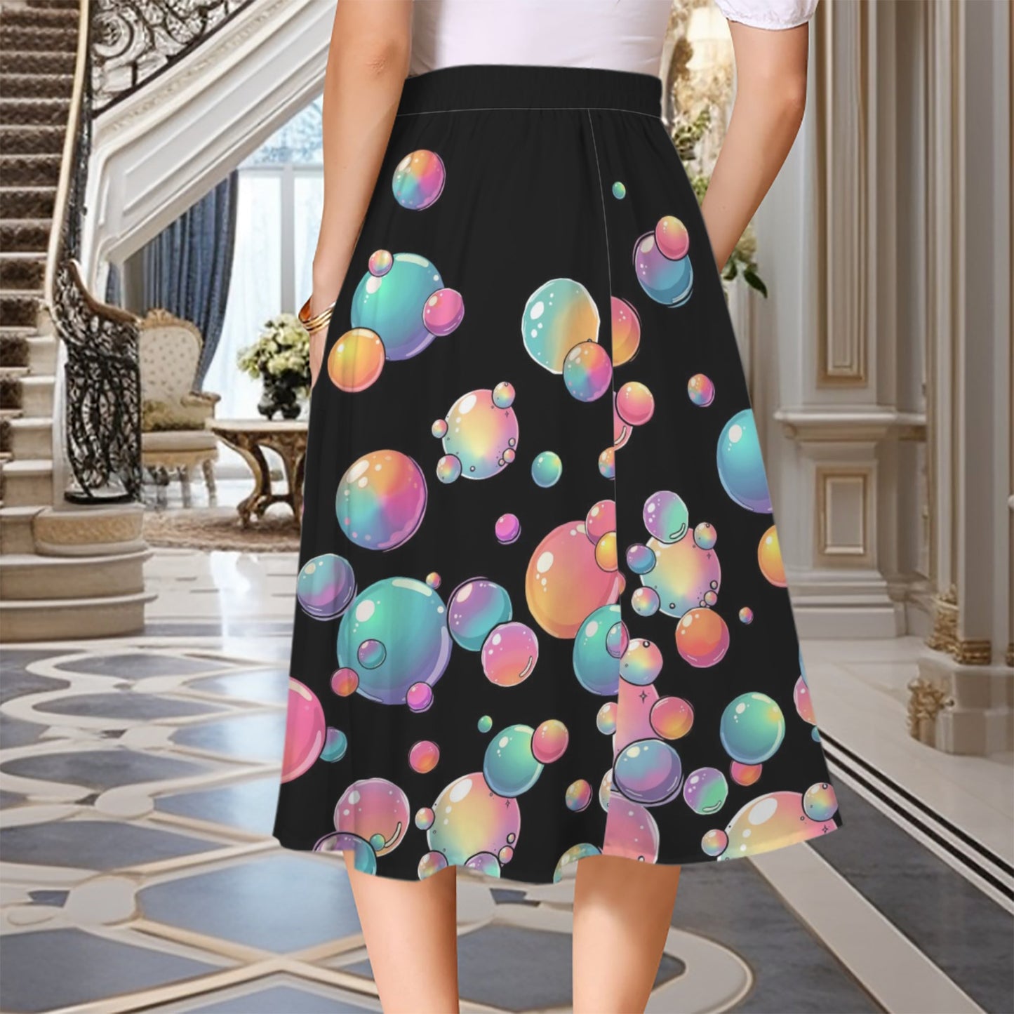 Black skirt with fun colourful bubble design