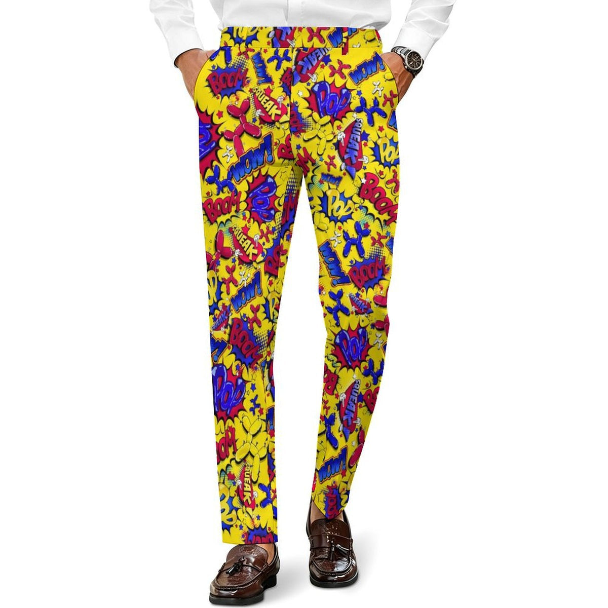 A person wearing bright yellow trousers with a bold multicolor abstract Balloon Twister print in blue, red, and purple, styled with a white shirt and brown loafers against a plain white background.