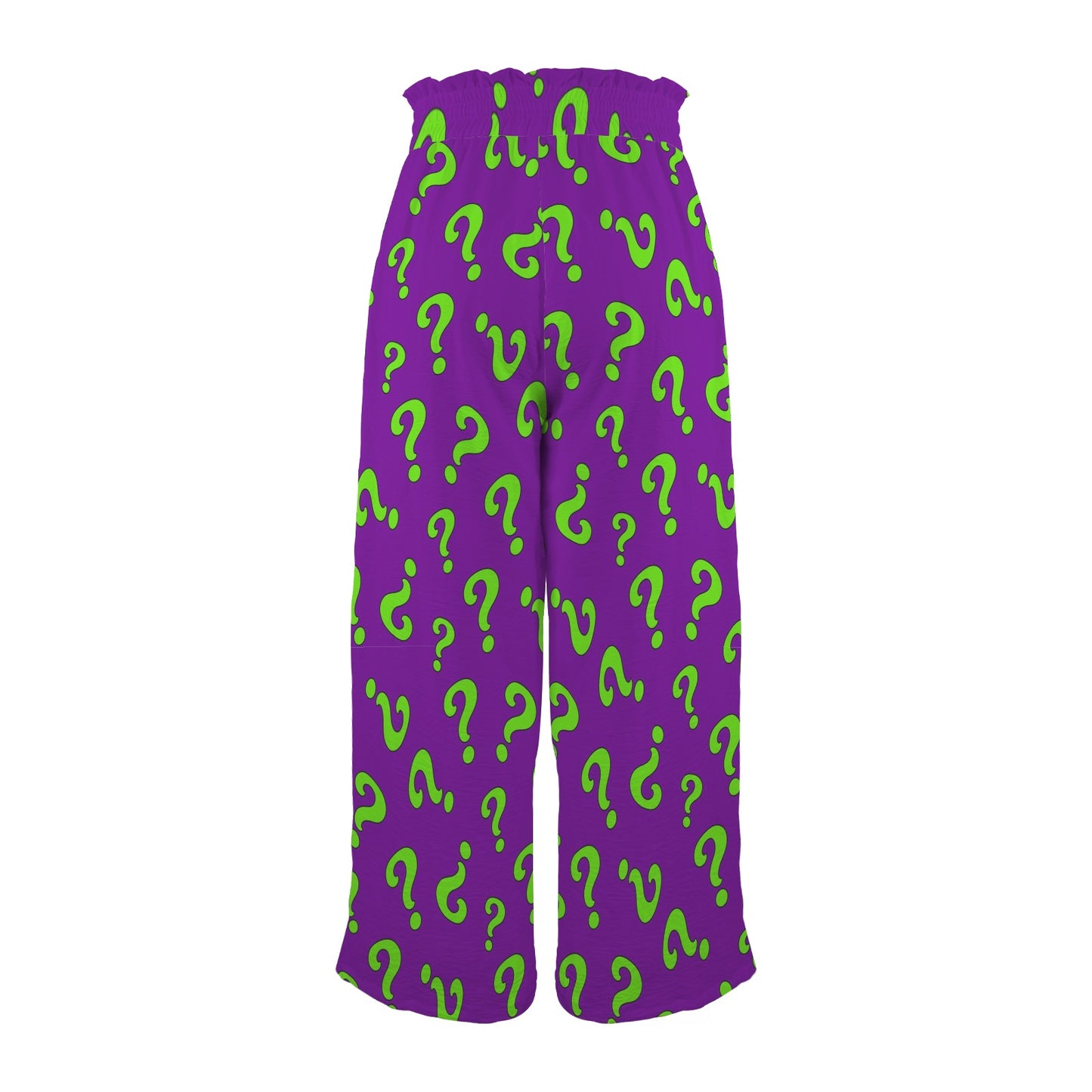 Green question marks on purple pants