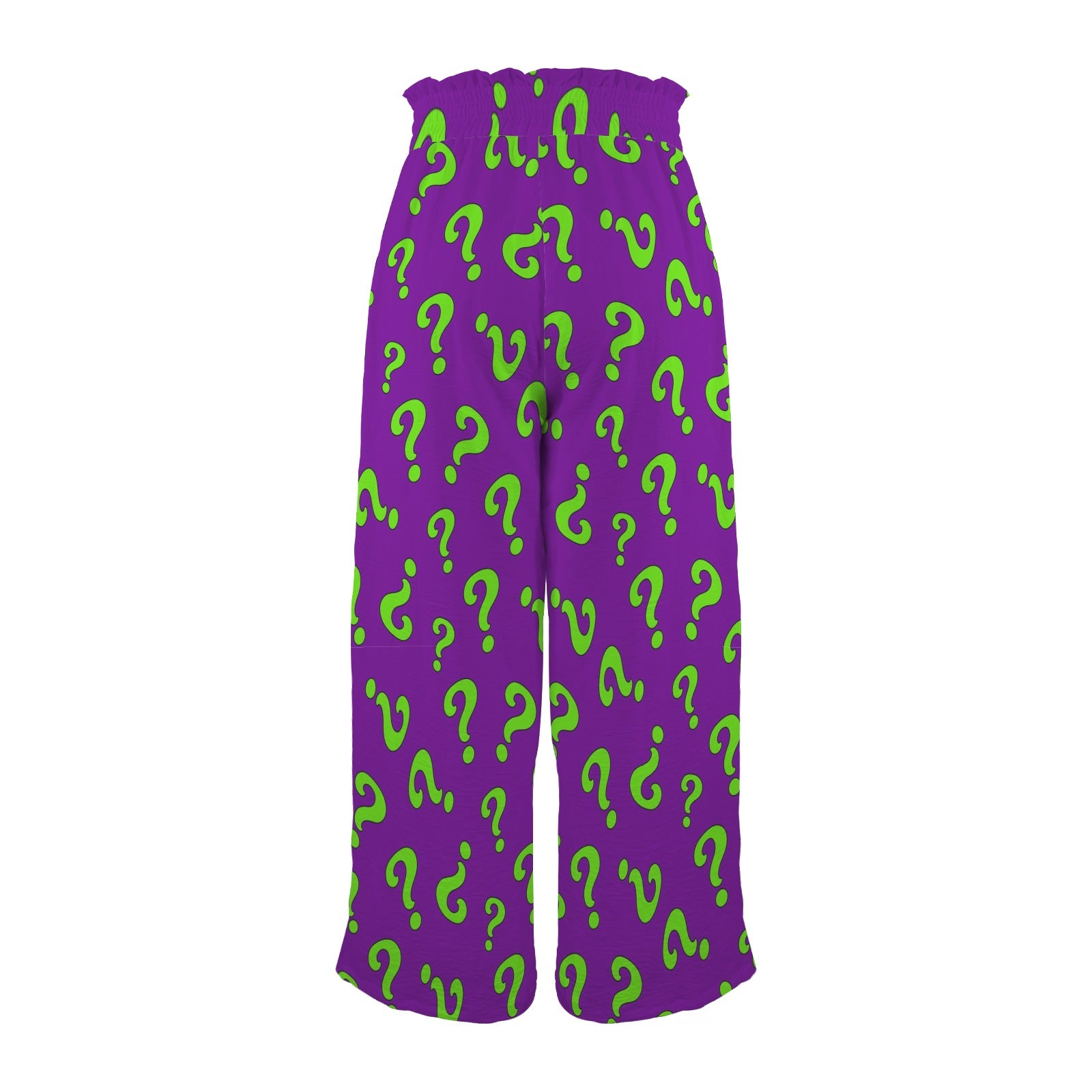 Green question marks on purple pants