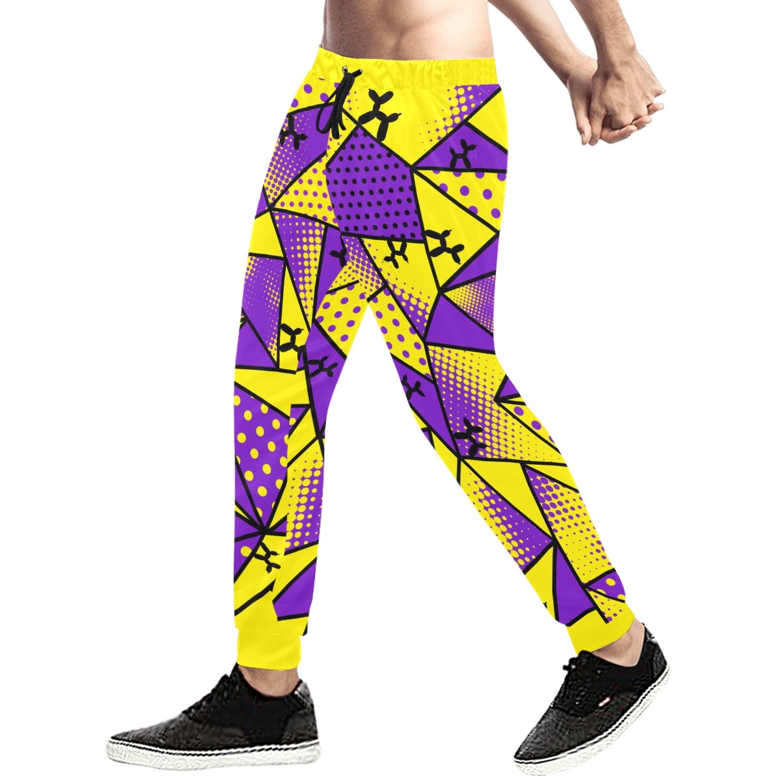 Yellow and purple Track pants for balloon twisters with balloon dog design