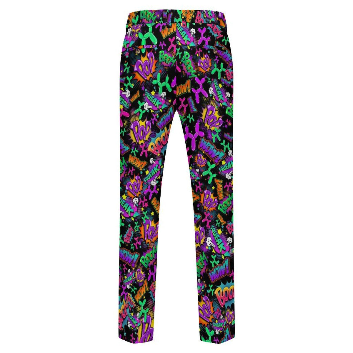 A pair of cropped pants featuring a vibrant, all-over graffiti-style pattern with neon purple, green, orange, and yellow text and shapes on a black background, shown against a plain white studio backdrop.
