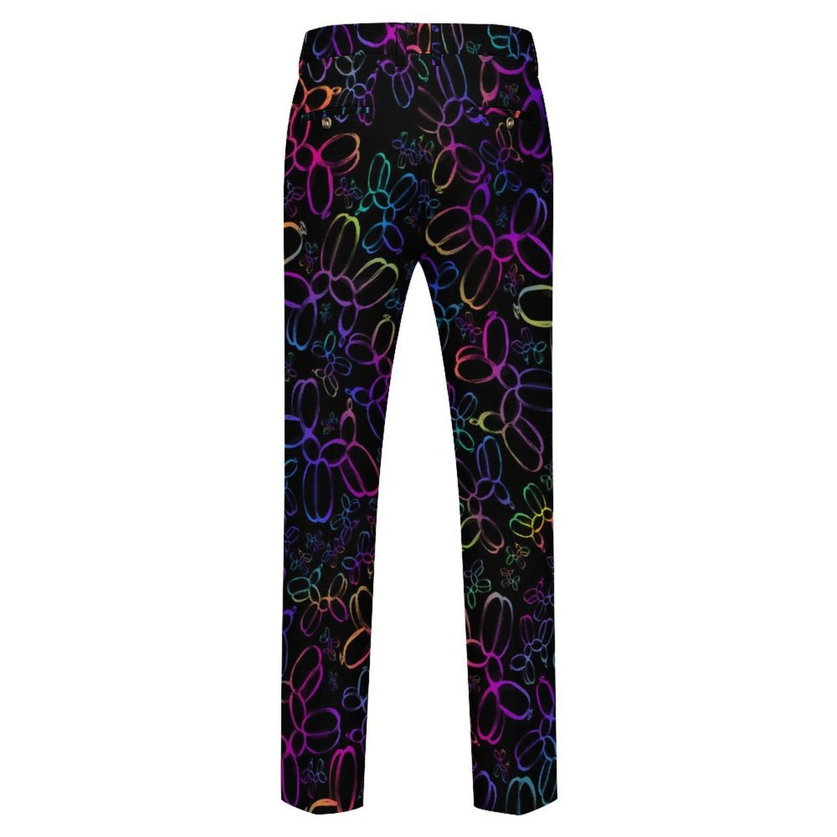Black pants featuring an all-over neon balloon dog pattern in purple, pink, blue, green, and orange, shown against a plain white background. Perfect for balloon twisters face painters and entertainers
