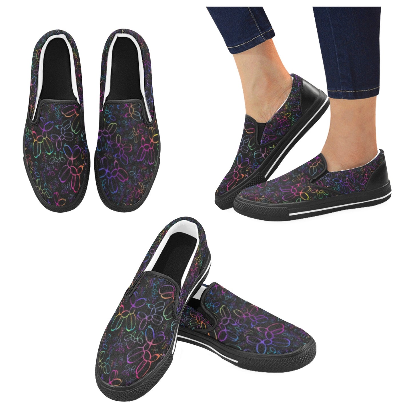 Black slip on shoes with rainbow balloon dog design