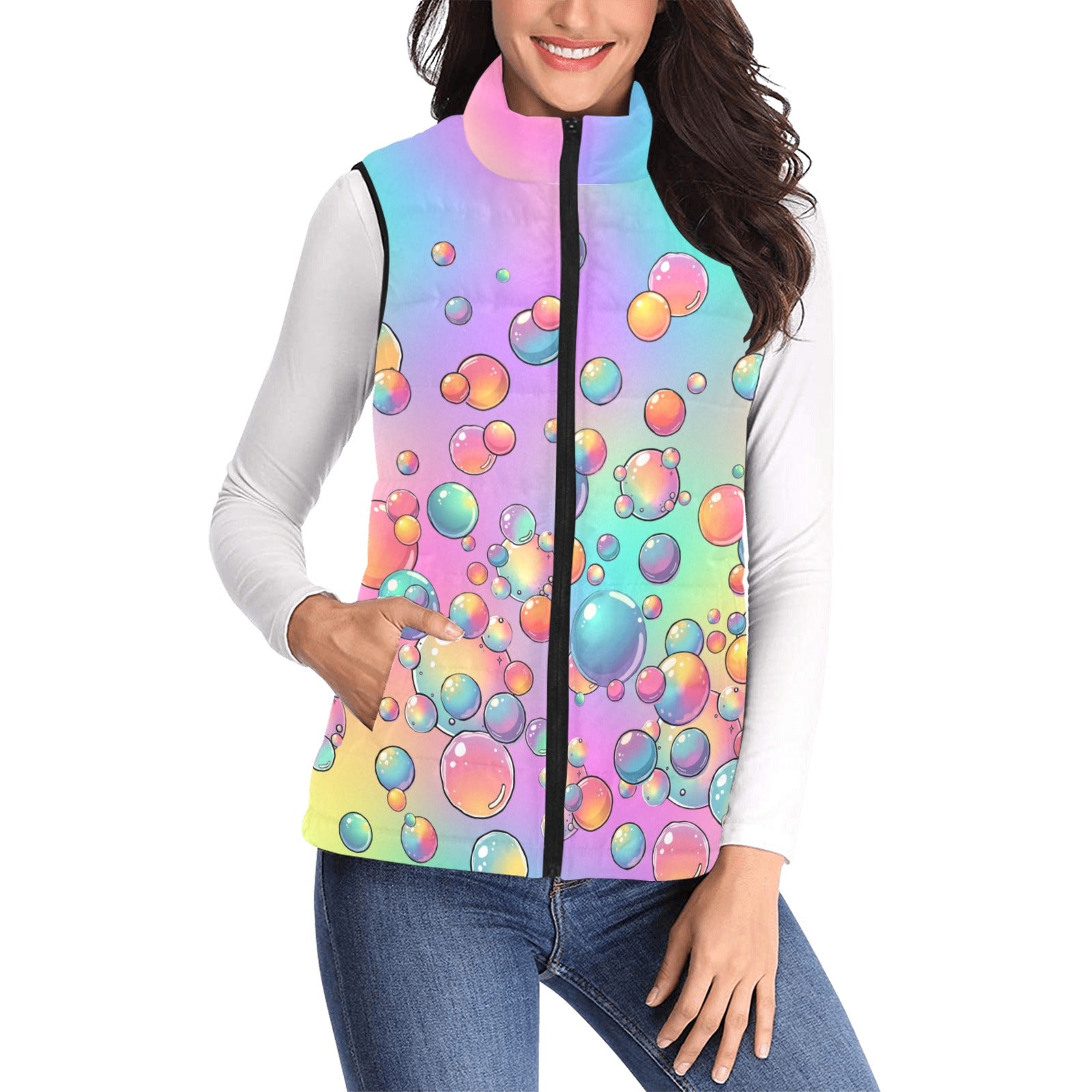 Woman wearing a colorful bubble-patterned vest on a white background