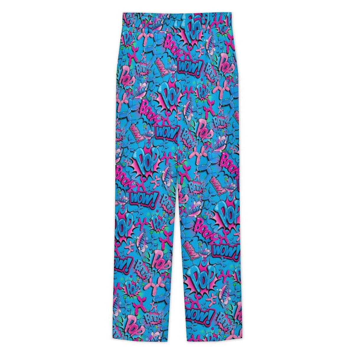 Blue pants with a vibrant comic-style print featuring pink and purple 'WOW!' text and comic book speech bubble motifs, shown flat against a white background.