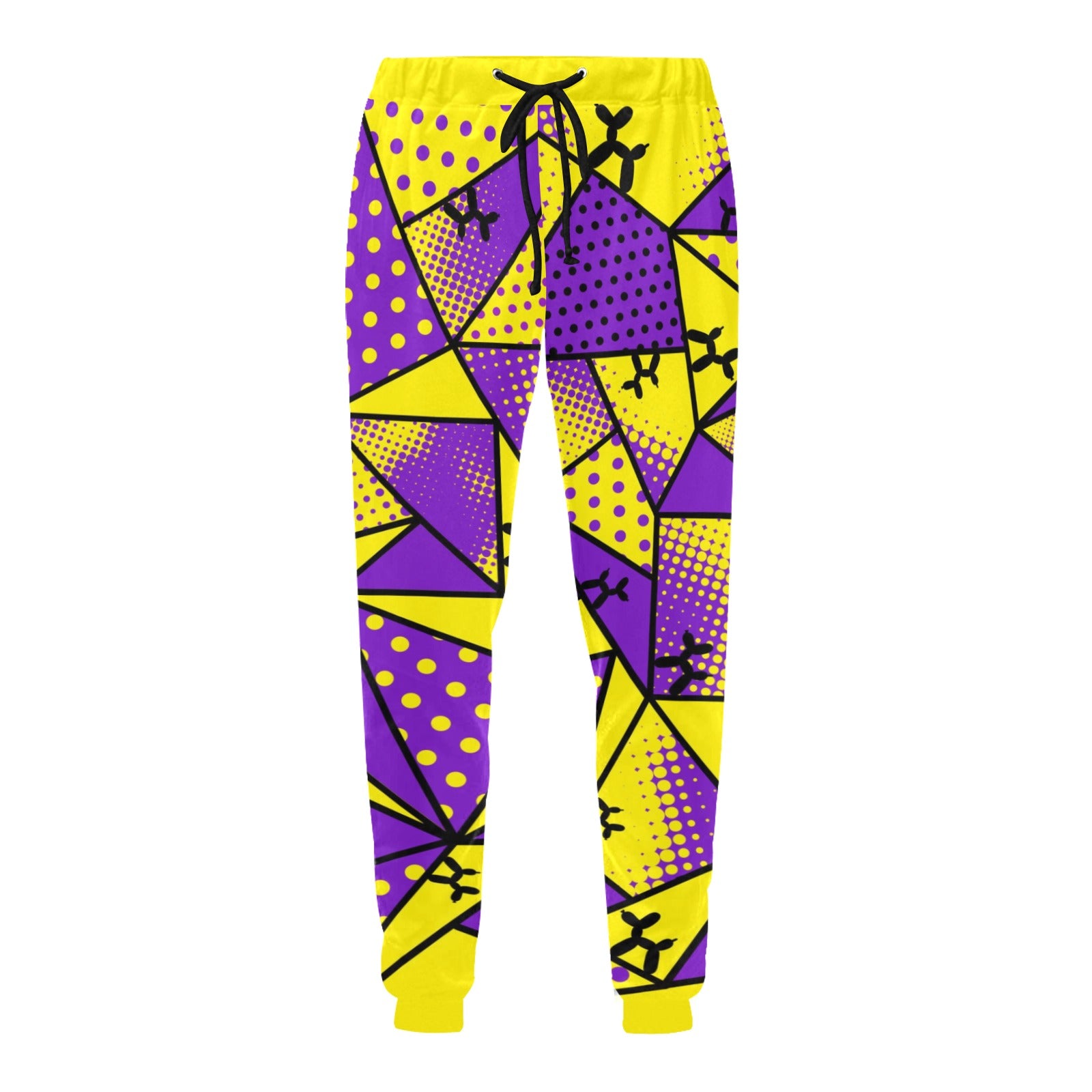 Balloon Twisting pants for professional balloon artists. Yellow and purple geometric shapes with black balloon dogs