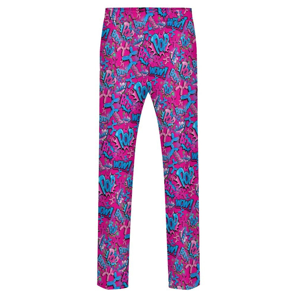 Balloon twister pants with pink and blue balloon dog design in a pop art style