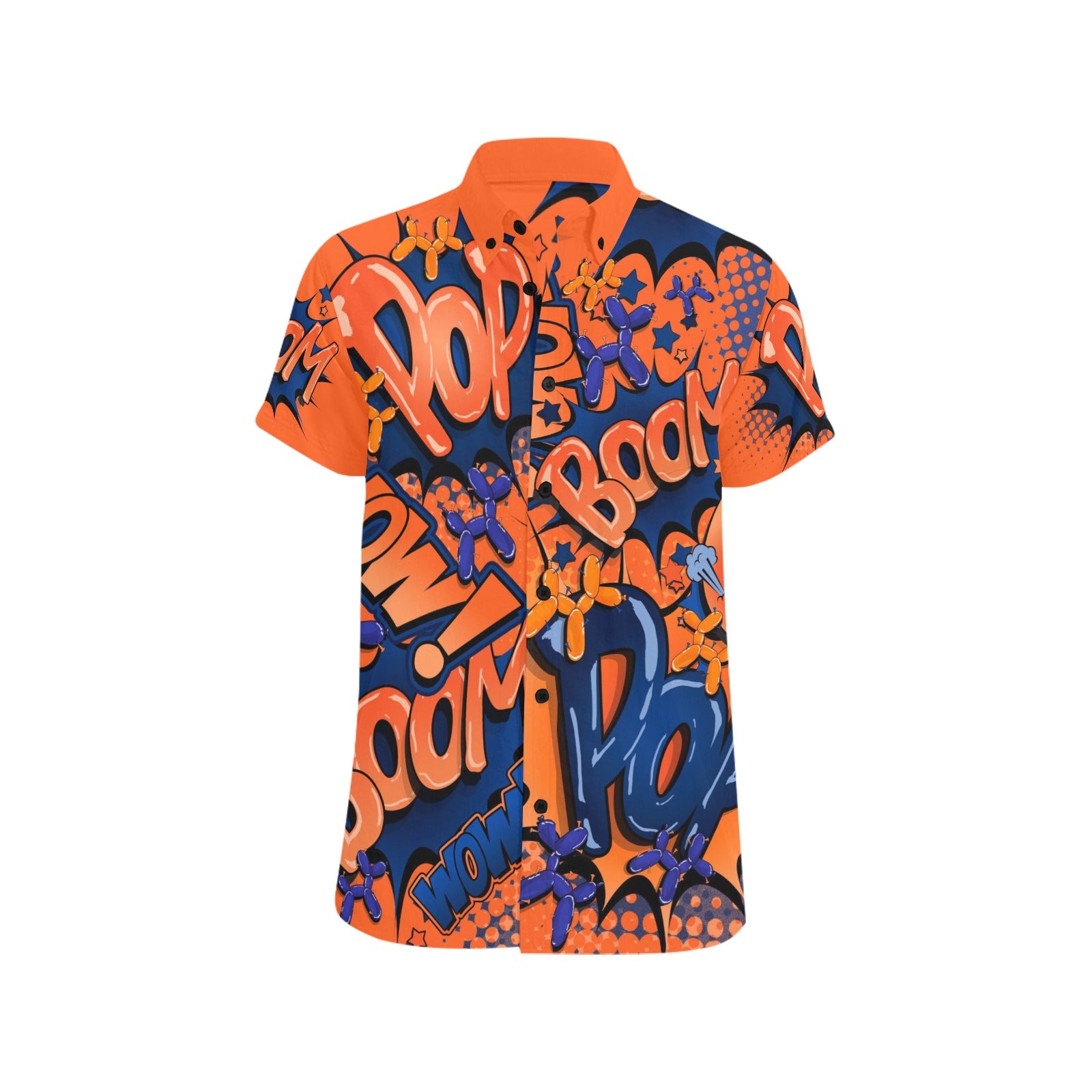 Short-sleeve shirt with 'POP!' and 'BOOM!' graphics in orange and blue on a white background