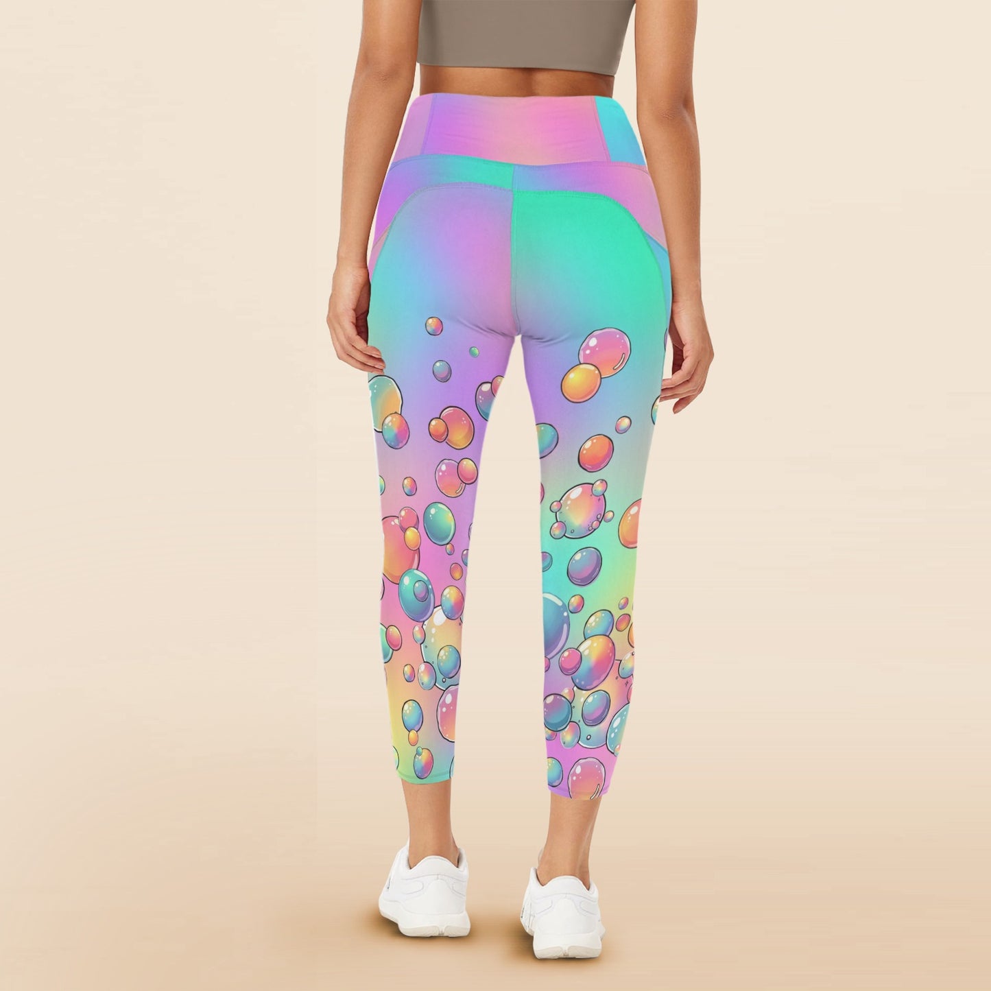 Person wearing colourful bubble-patterned leggings for bubble artists