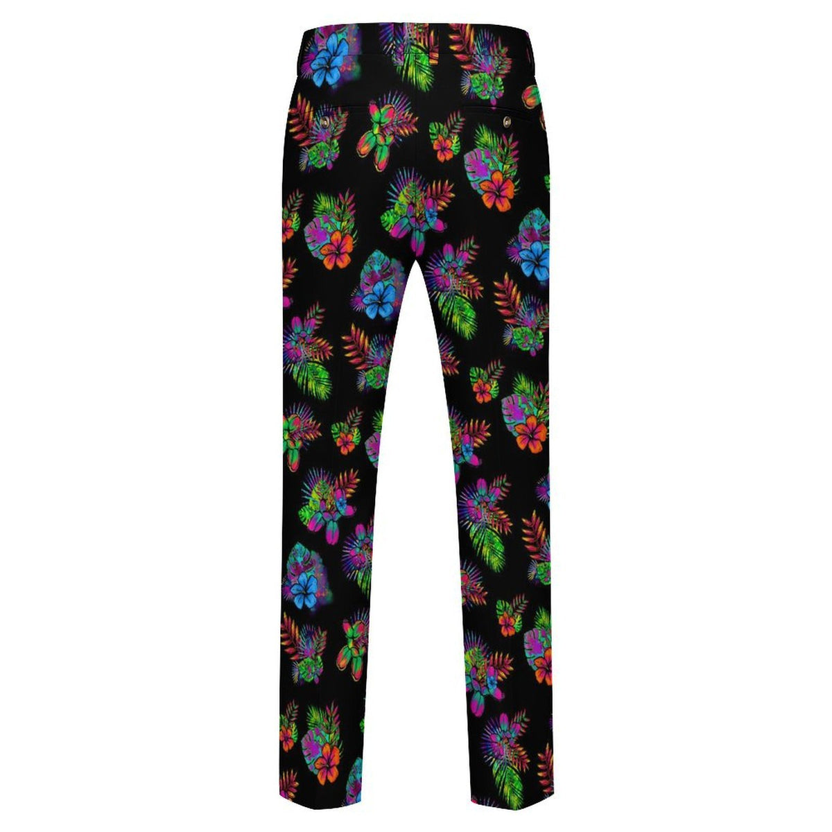 Black pants featuring a vibrant, multicolored neon floral and tropical leaf pattern, shown against a plain white background.