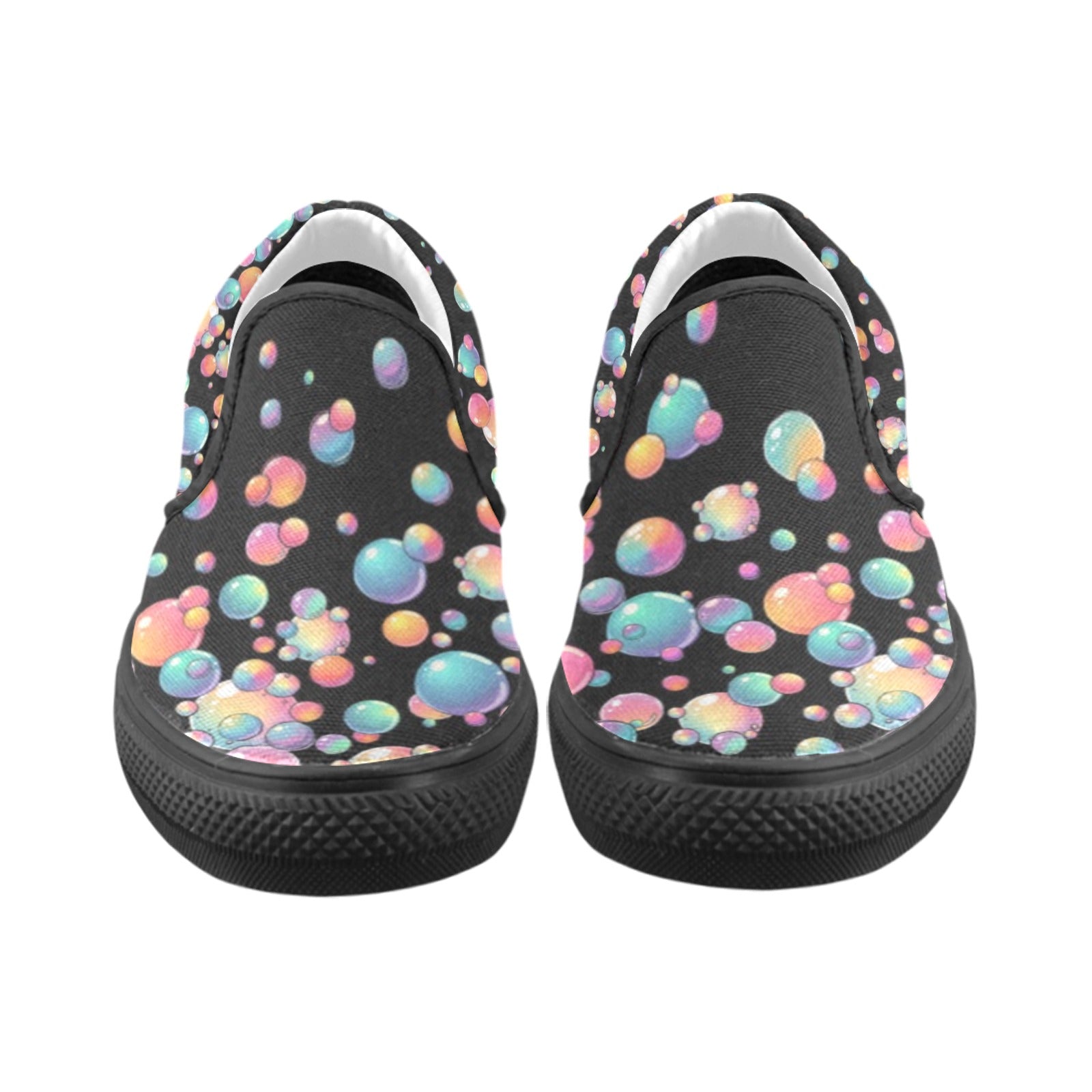 Black slip-on shoes with colourful bubble pattern for bubble artists