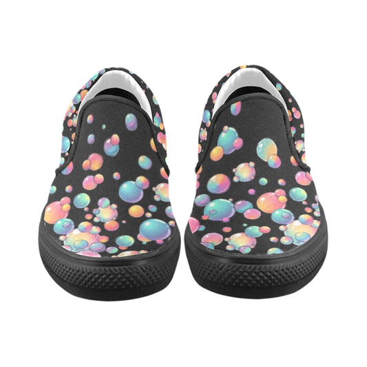Black slip-on shoes with colourful bubble pattern for bubble artists