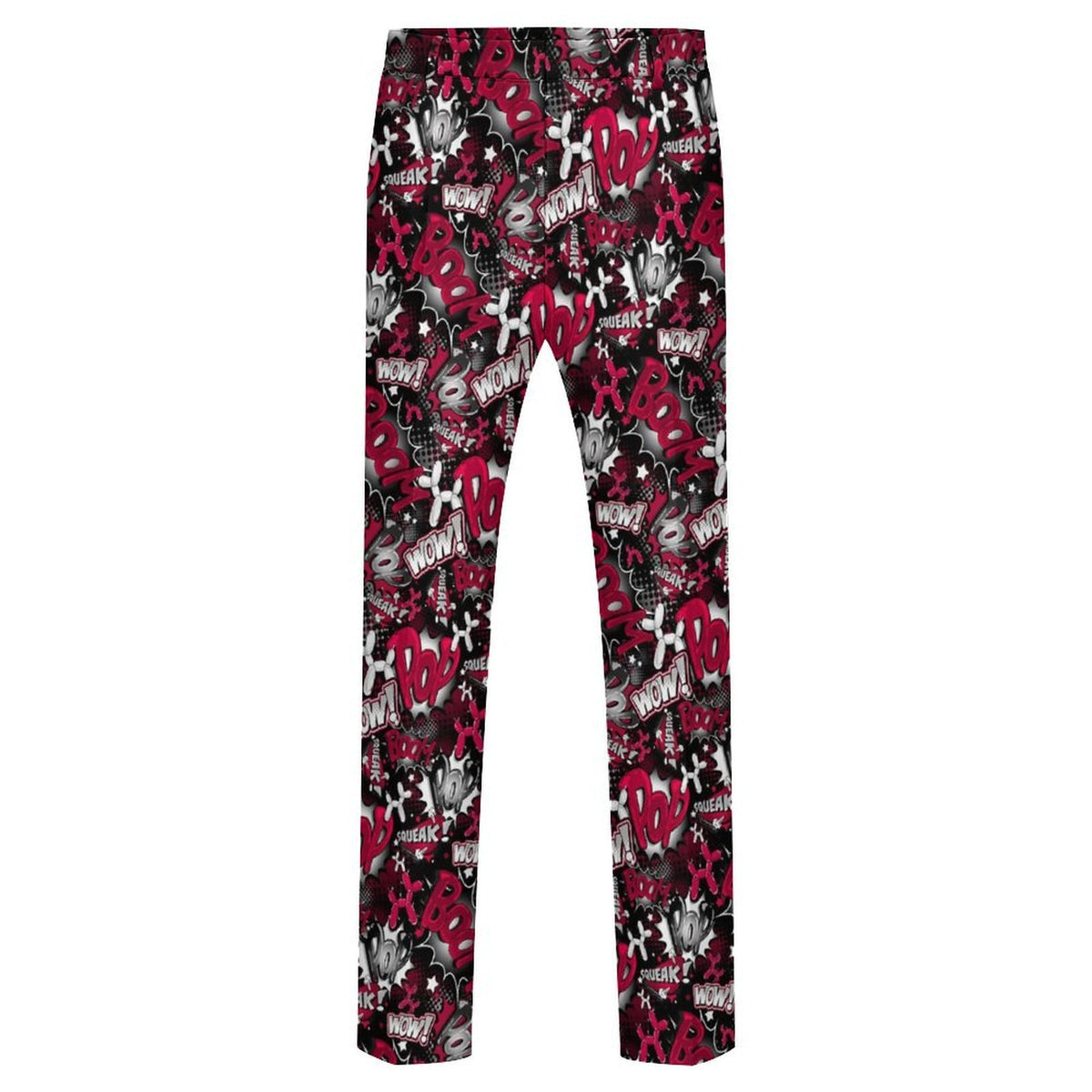 Balloon twisting pants in fun red black and white pop art design with balloon dogs.