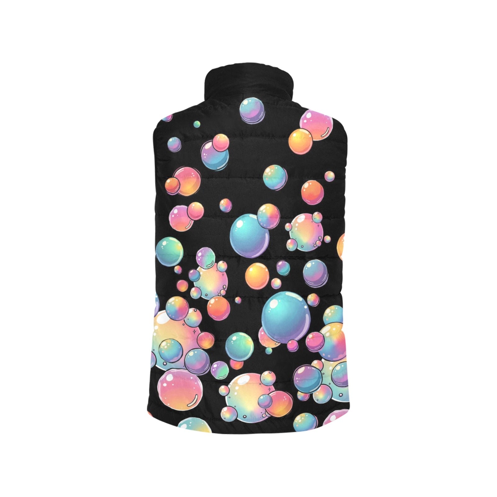 Rainbow bubbles on black padded vest for bubble artists