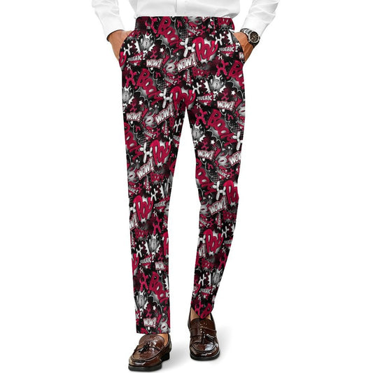 A person wearing slim-fit trousers with an all-over abstract graffiti-style print in red, black, white, and gray, paired with a white shirt and brown loafers against a plain white background.