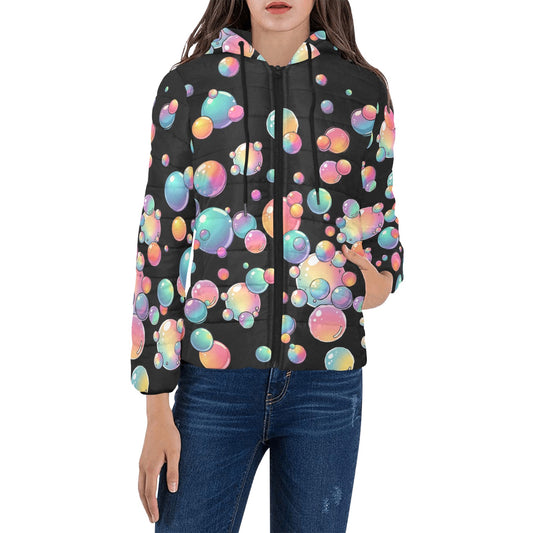 Black padded jacket with rainbow bubble design