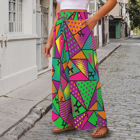 Colourful pants with purple, green and teal triangles for balloon twisters and entertainers