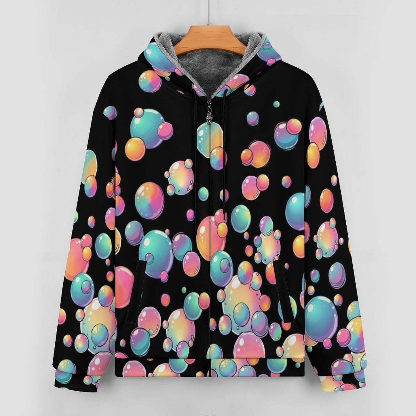 Black hoodie with pastel rainbow bubble design for kids entertainers