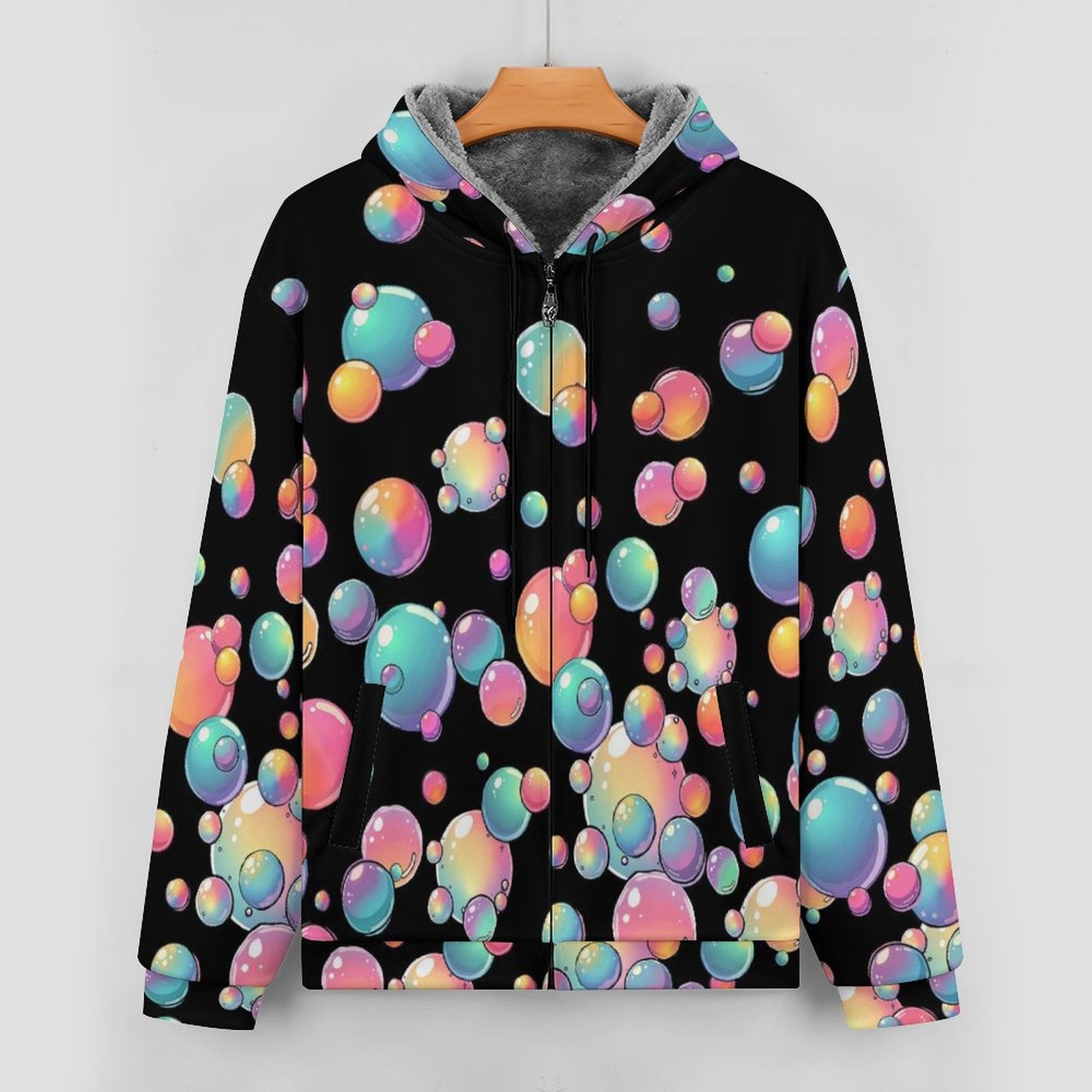 Black hoodie with pastel rainbow bubble design for kids entertainers