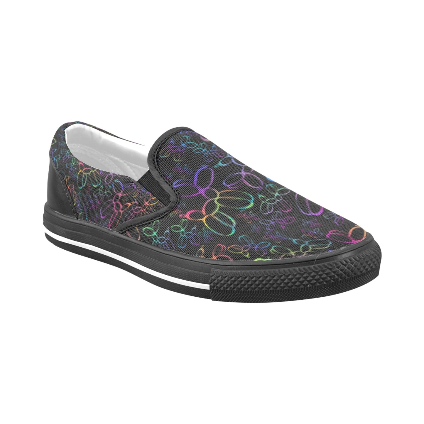 Colourful balloon dogs on black slip on shoes