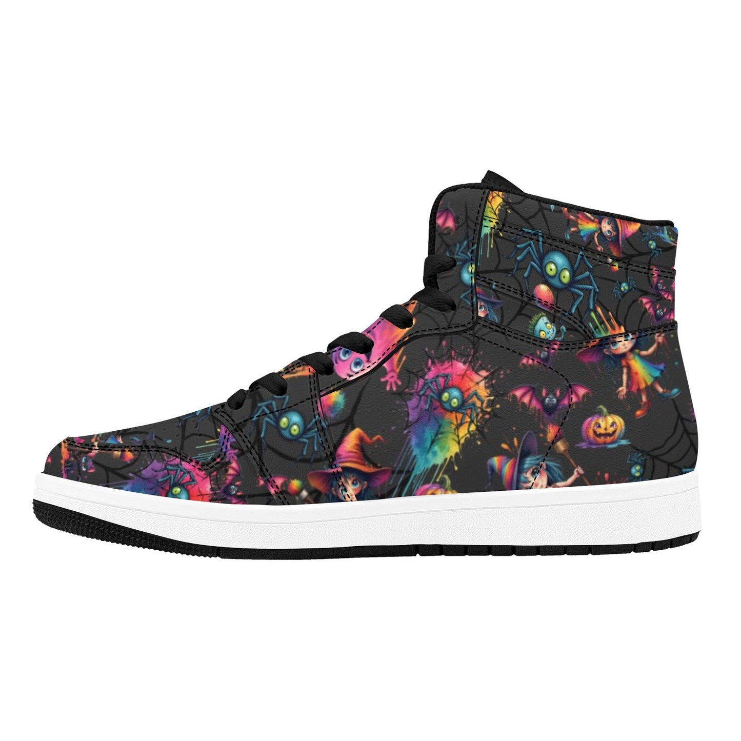 High-top sneaker with colorful Halloween-themed design on a white background