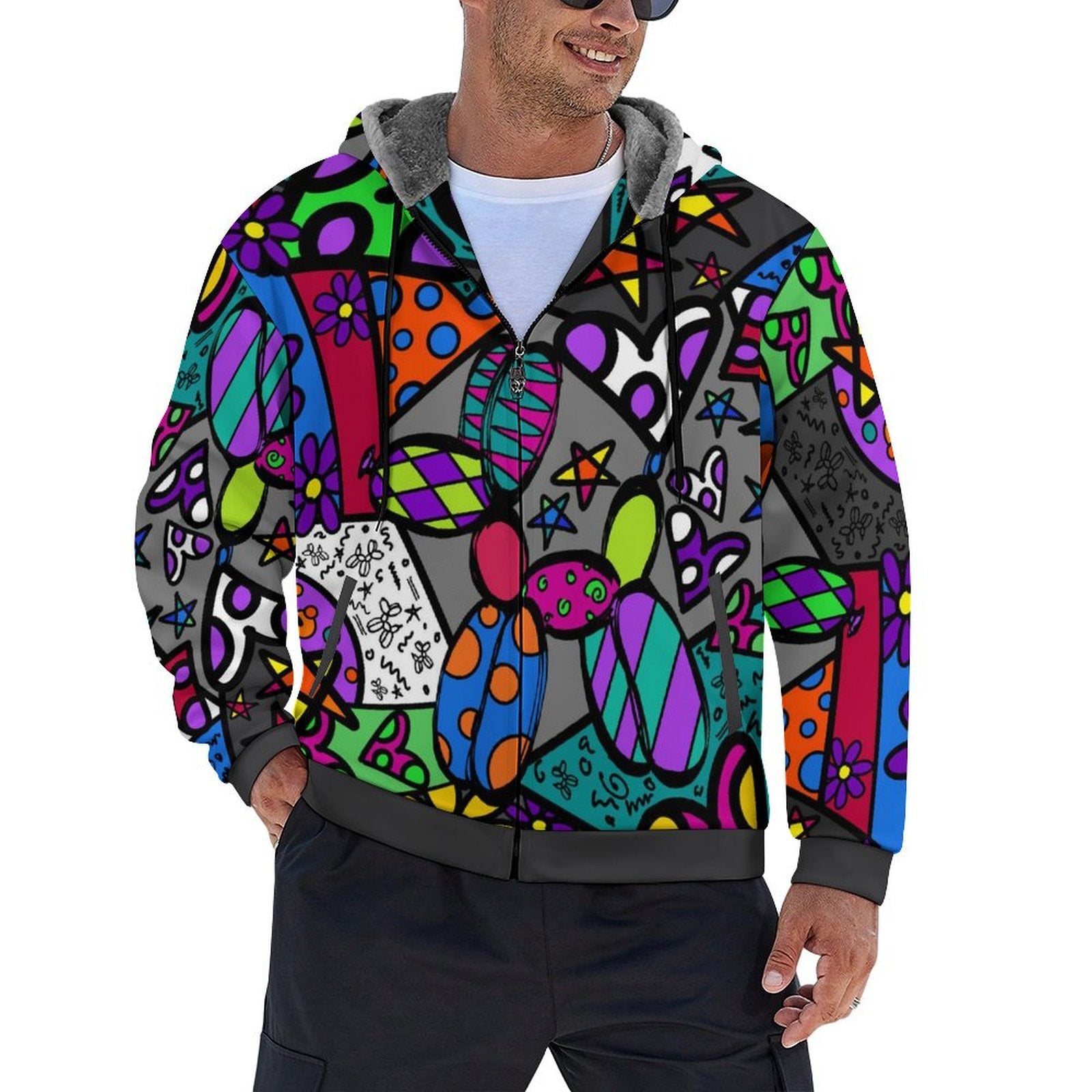 Patchwork Balloon Dog Design Hoodie with fleece lining
