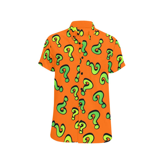 Orange shirt with green question mark pattern on a white background