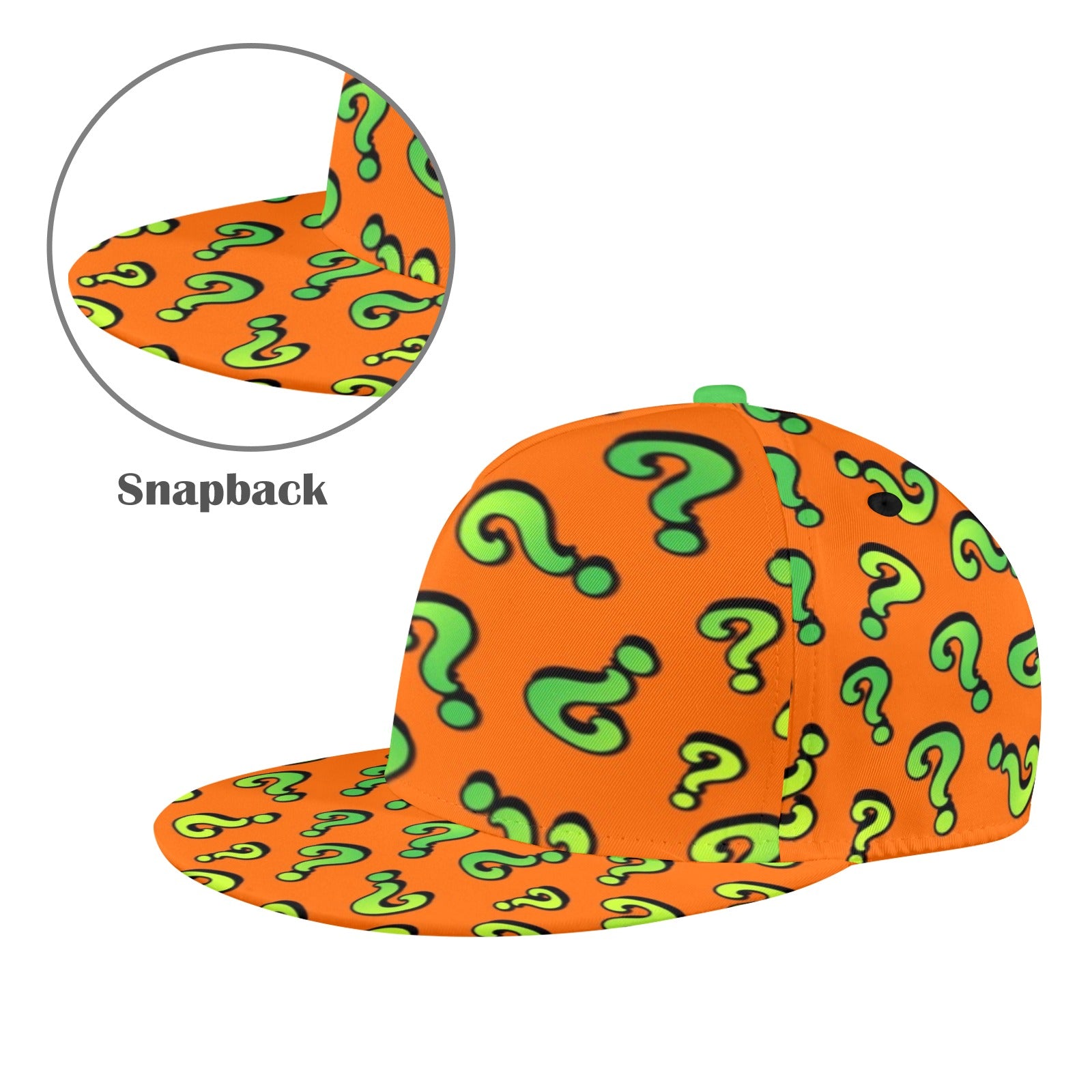 Green question marks on orange cap for magicians and entertainers